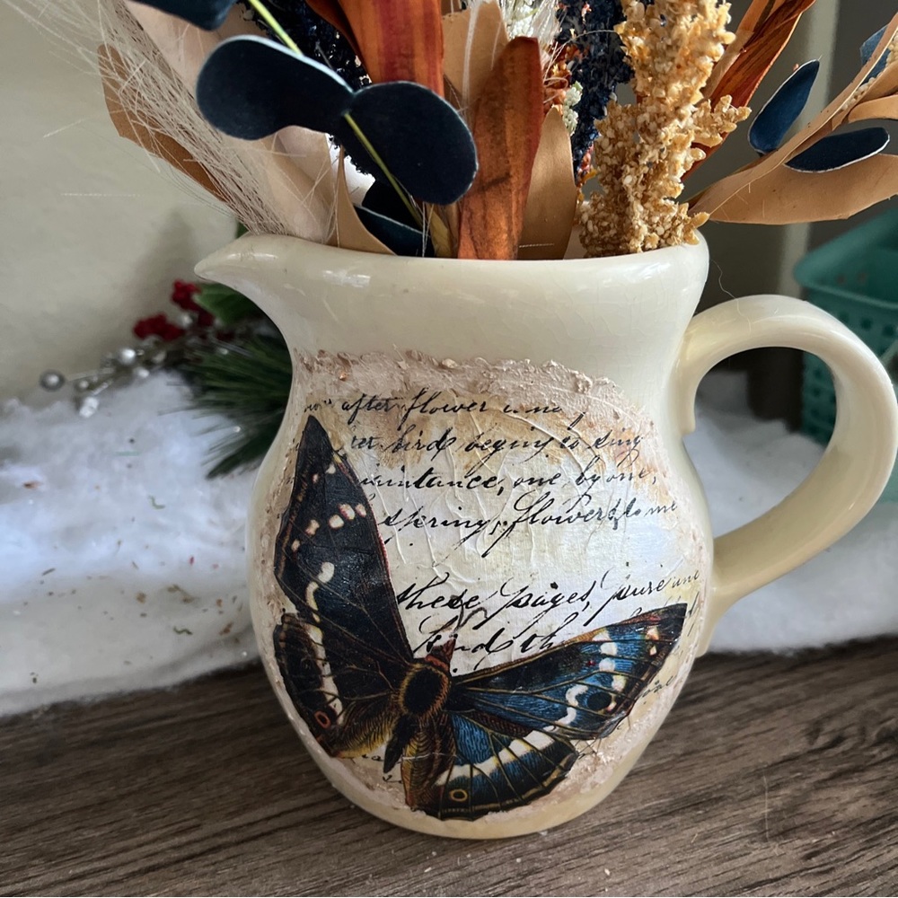 VINTAGE PITCHER UPCYCLED WITH DECOUPAGE TECHNIQUE -butterflies